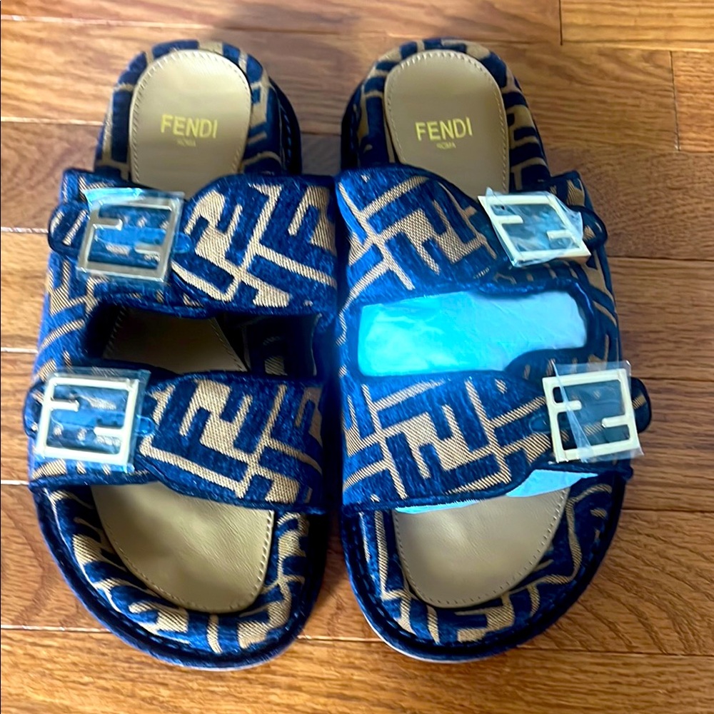 Fendi Blue Geometric Sandals with Silver Buckles